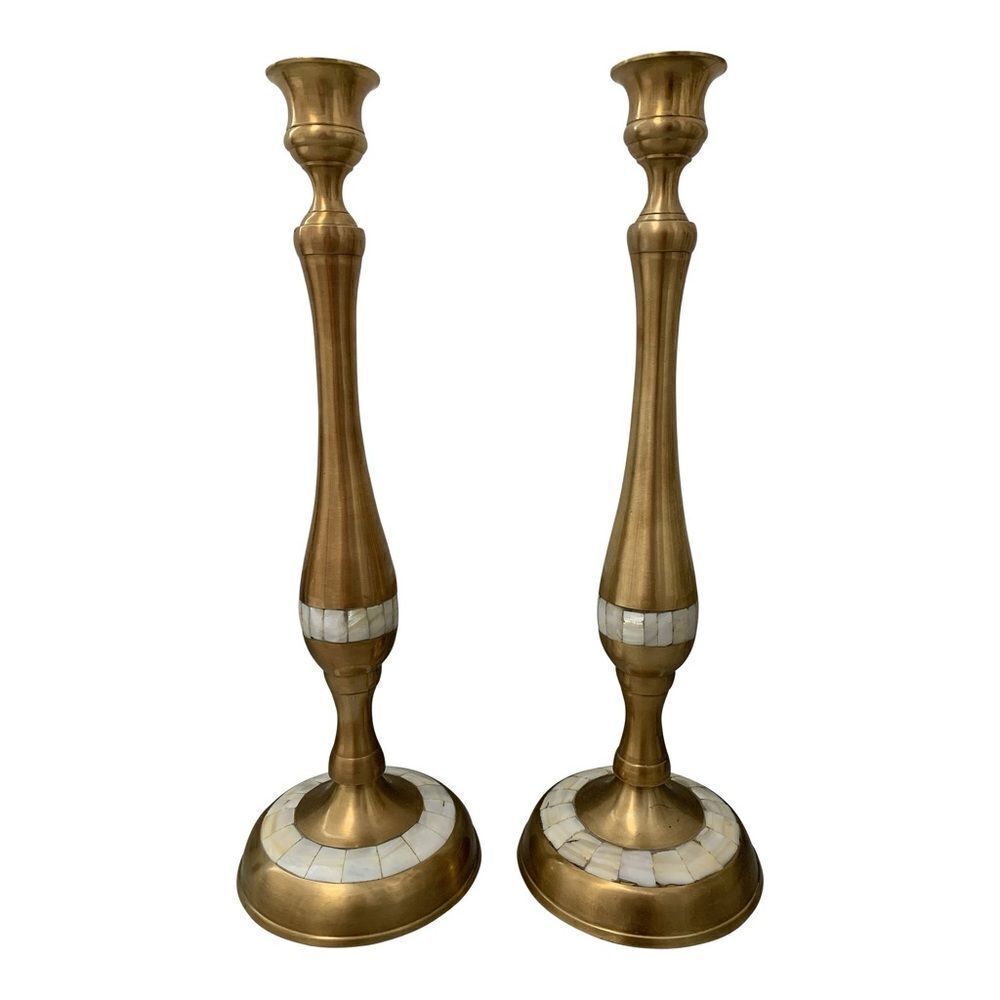 Vintage Brass Mother of Pearl Candle Holders Pair 1970s